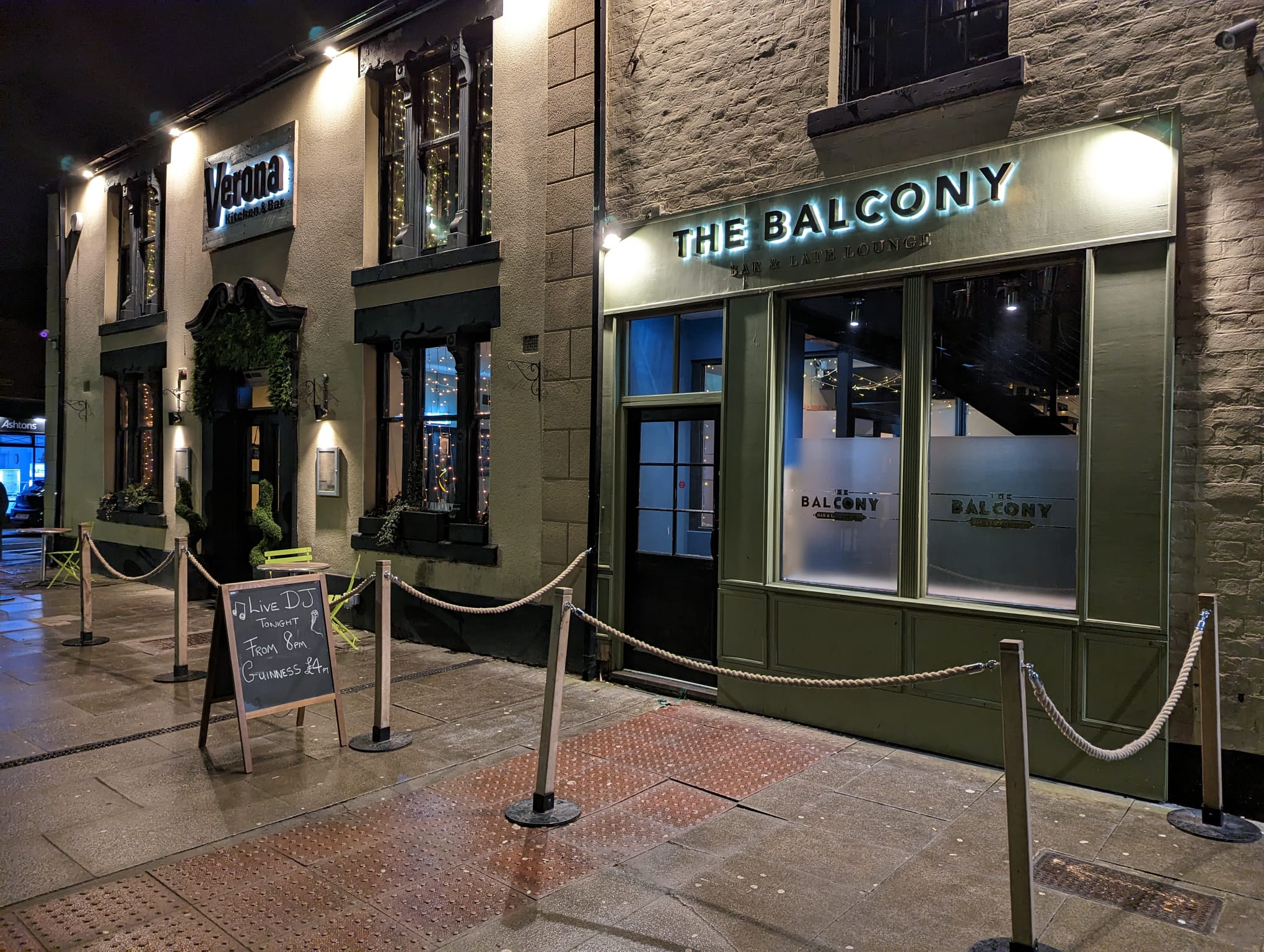 The Balcony and Verona exterior at night, Newton Le Willows