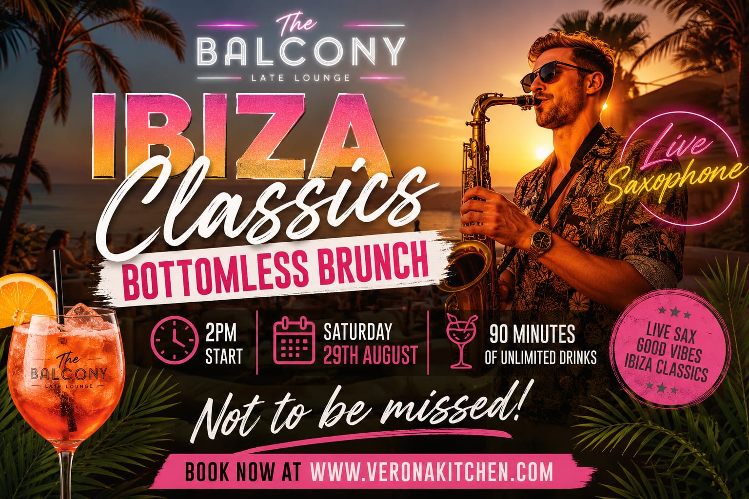 Ibiza Classics Bottomless Brunch at The Balcony — Saturday 29th August 2026, live saxophone, £35 per person