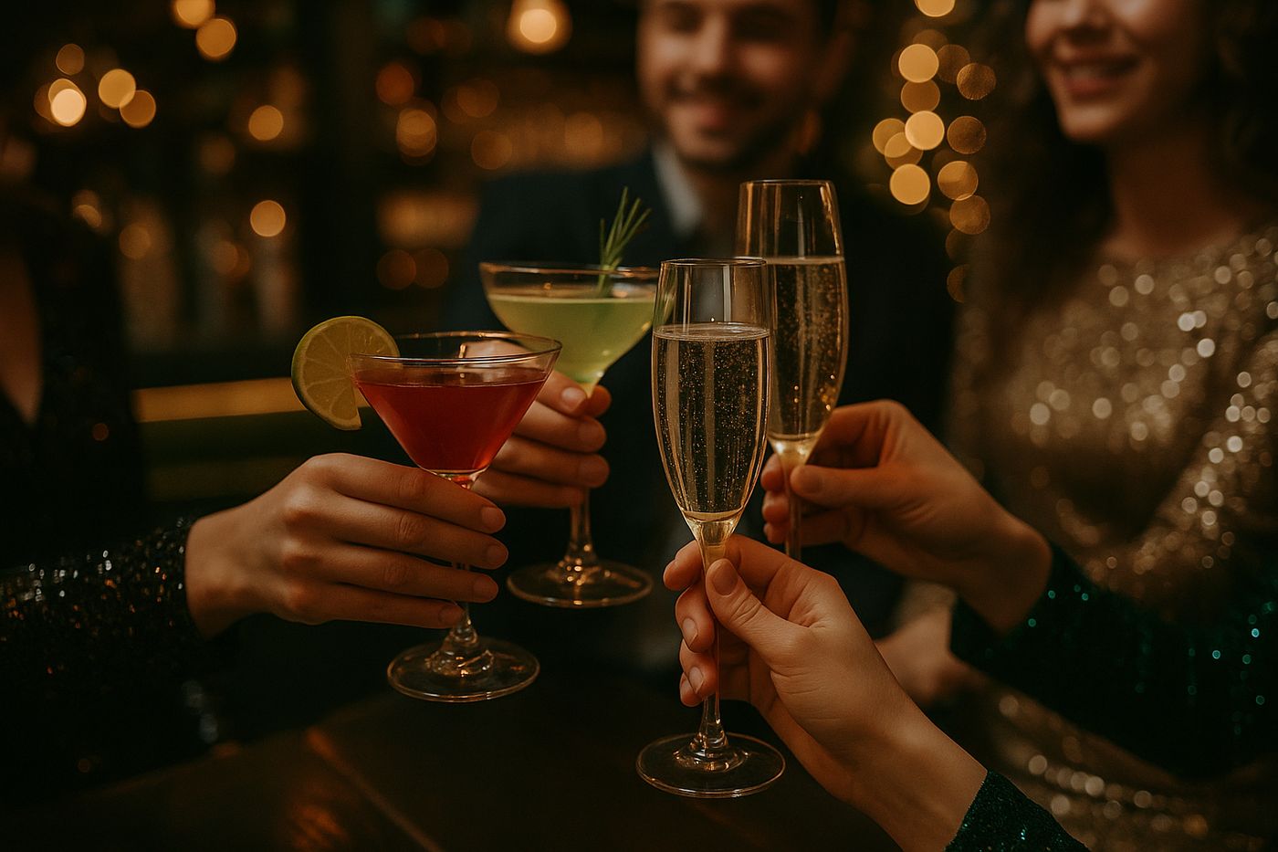 Friends raising cocktails and champagne at a Christmas party