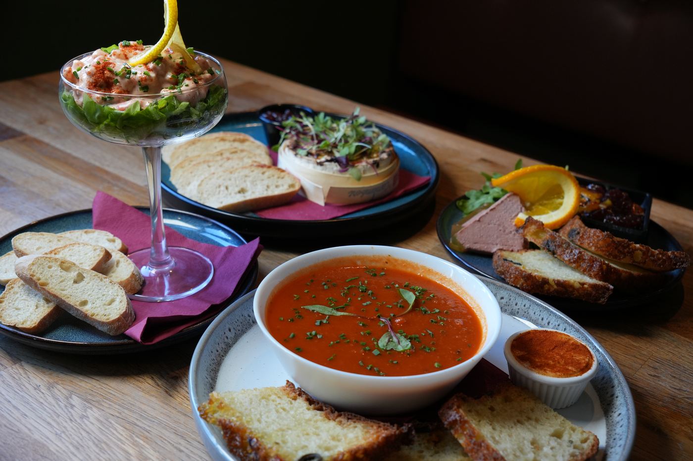Festive menu starters at Verona: prawn cocktail, soup, pate and baked camembert