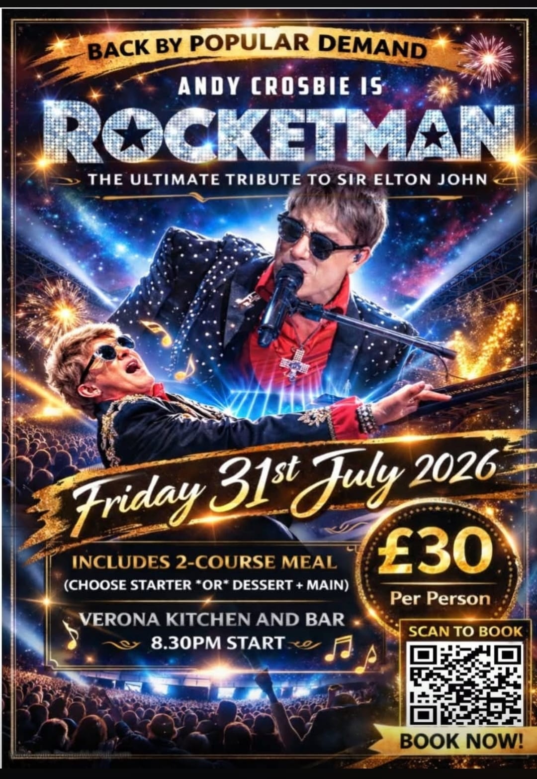 Rocketman — The Ultimate Tribute to Sir Elton John with Andy Crosbie at Verona Kitchen & Bar, Friday 31st July 2026